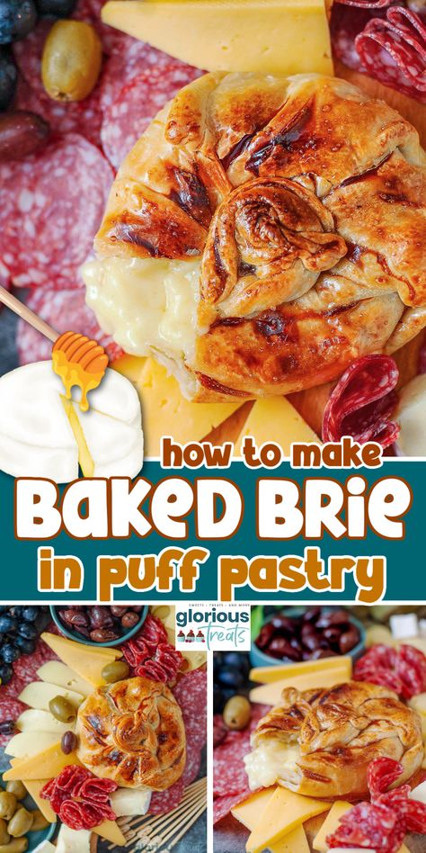 This delicious Baked Brie in Puff Pastry is the perfect appetizer when you want something easy yet impressive! Creamy, melted brie is topped with a drizzle of honey, wrapped in buttery puff pastry and baked to gooey perfection. Whether you’re hosting a cozy gathering or a holiday feast, this dish is sure to wow your guests. | GloriousTreats.com Puffed Pastry Brie, Brea Cheese, Lite Dinners, Honey Baked Brie, Baked Brie Honey, Baked Brie In Puff Pastry, Brie In Puff Pastry, Melted Brie, Pecan Baked Brie