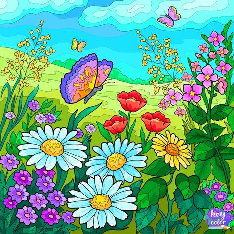 Flower Garden Drawing Simple, Butterfly Garden Drawing, Flower Garden Drawing, Scenery Drawing For Kids, Scenery Drawing, Blooming Garden, Garden Drawing, Baby Drawing, Picture Puzzles