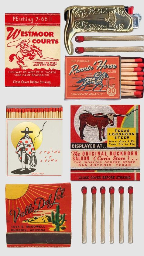 #red #vintage #western #westernaesthetic #cowboy #matches #matchbook Farm Stickers, Longhorn Steer, Matchbook Art, Spaghetti Western, Cowboy Theme, Logo Redesign, Pony Club, Western Aesthetic, Ranch Life