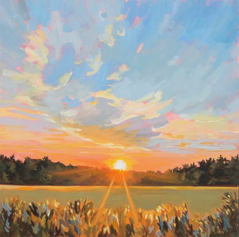 a sunset landscape painting 36x36 inch Acrylic Bring the beauty of a Muskoka sunset into your home with 'The Way Home'. Measuring 36x36", this vibrant landscape painting captures the serenity of wide open spaces and colorful skies, adding warmth and calmness to any room. 36x36" on 1 1/2" depth canvas, ready to hang Landscape Ideas Painting Sunset, Sunset Painting Reference, Canvas Art Landscape Acrylic Paintings, Sunset Farm Painting, Landscape Paintings Beginner, Fall Sunset Painting, Landscape Ideas Painting Acrylics, Simple Nature Paintings, Orange Sunset Painting