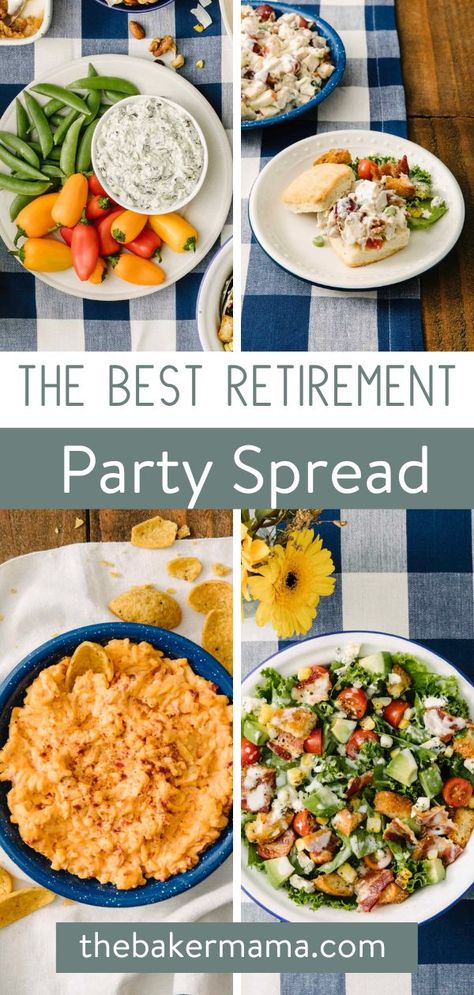 This is The Best Retirement Party Spread you'll find! You will be able to send your beloved co-workers off to their next big adventure with a Retirement Party Spread loaded with an assortment of salads, biscuits, dips and sweet treats. It’s a casual, delicious spread that lets everyone choose a little (or a lot!) of what they love to eat. It’s also perfect for a light, summer-time meal with loved ones ready to usher in that next exciting chapter! Retirement Cookout Ideas, Finger Foods For Retirement Party, Retirement Party Menu Ideas, Retirement Party Food Ideas Appetizers, Retirement Food Ideas Simple, Retirement Party Foods, Food For Retirement Party, Retirement Party Food Ideas Simple, Retirement Luncheon Ideas