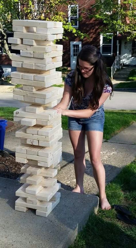 Life size jenga Big Jenga, Large Jenga, Life Size Jenga, Make Cornhole Boards, Jenga Tower, Life Size Games, Digger Party, Church Picnic, Retirement Party Gifts