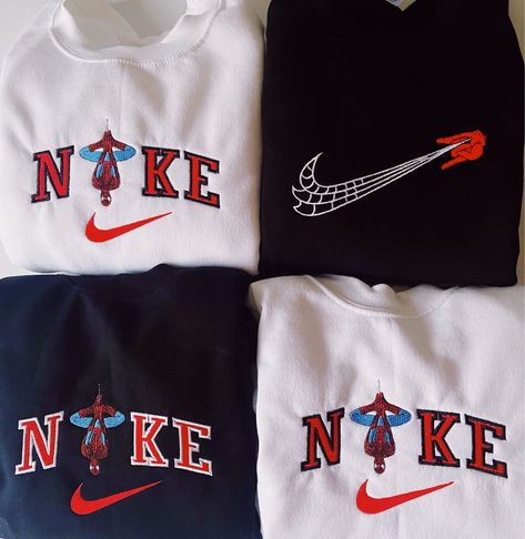 Spider Man Sweater Aesthetic, Marvel Embroidery Sweatshirts, Marvel Embroidery Hoodie, Nike Spiderman Sweatshirt, Disney Custom Hoodies, Marvel Shirt Ideas, Cute Nike Sweatshirts, White Nike Shoes Outfit, Custom Nike Sweatshirt