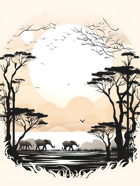 Cadre De Silhouette De La Faune Africain... | Premium Photo #Freepik #photo #texture #abstrait #dessin #grece African Landscape Tattoo, Safari Animal Drawings, Africa Scrapbook, Safari Drawing, Africa Painting, Tattoo Lion, Afrique Art, African Art Paintings, Laser Art