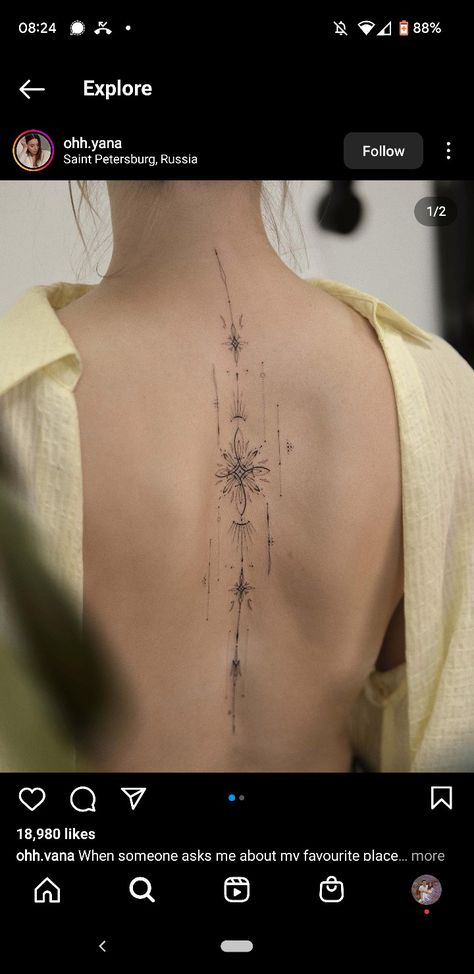 Geometric Spinal Tattoo, Dot Work Spine Tattoo, Spine Tattoos For Women Edgy, Full Length Spine Tattoo, Ornament Spine Tattoo, Goth Back Tattoo Women Spine, Spine Tattoos Ornamental, Large Spine Tattoo, Korean Spine Tattoo