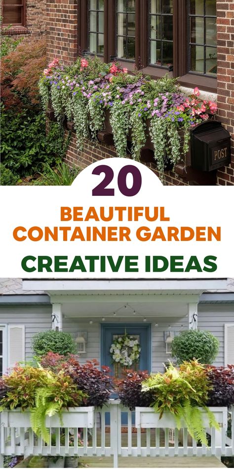 Turn your patio or balcony into a serene retreat by crafting a delightful container garden. Experiment with an array of flowers, herbs, and petite veggies to cultivate a lively and efficient garden in compact areas. Opt for containers in different sizes and designs to introduce visual appeal, arranging them strategically for an aesthetically pleasing exhibit. Enhance space utilization by including trellises or vertical planters. Revel in the beauty of nature just steps away with your charming co What To Plant In Planter Boxes, Cascading Flowers For Planters, Balcony Flowers Box Planters, Shade Container Garden Ideas, Outdoor Container Gardening Ideas, Garden Planting Ideas, Gardening Containers, Balcony Flower Box, Patio Container Gardening