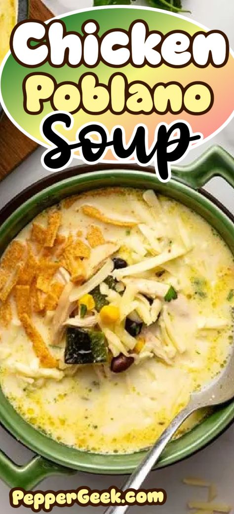 Say goodbye to bland weeknight soup. This easy roasted poblano chicken soup is the perfect way to warm up on a chilly evening. The unique and balanced flavors start with a savory and tangy broth with pantry staples. The star of the show, smokey charred poblano peppers, combine with black beans and sweet corn for a hearty soup with many layers of flavor. Joanna Gaines Creamy Chicken Poblano Soup, Cheesy Chicken Poblano Soup, Roasted Poblano Chicken Soup, Keto Chicken Poblano Soup, Chicken Corn Poblano Soup, Poblano Chicken Chili, Poblano Chicken Tortilla Soup, Chilli Relleno Soup, Chicken And Poblano Soup