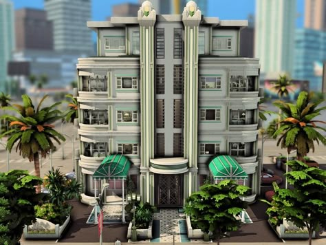 The Sims Resource - Art Deco Condominium (NO CC) Art Deco Hotel Exterior, Sims 4 Del Sol Valley Apartments, Sims 4 Exterior Cc, Sims Exterior, The Sims 4 Lots, Art Deco Hotel, Sims Builds, Hotel Exterior, Sims 4 House Building