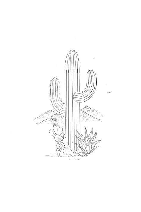 Saguaro Cactus Embroidery, Fine Line Tattoo Cactus, Fine Line Saguaro Tattoo, Desert Inspired Tattoos, Cactus And Palm Tree Tattoo, Western Doodle Art, Cactus Minimalist Tattoo, Cactus Tattoo Stencil, Western Sunset Tattoo