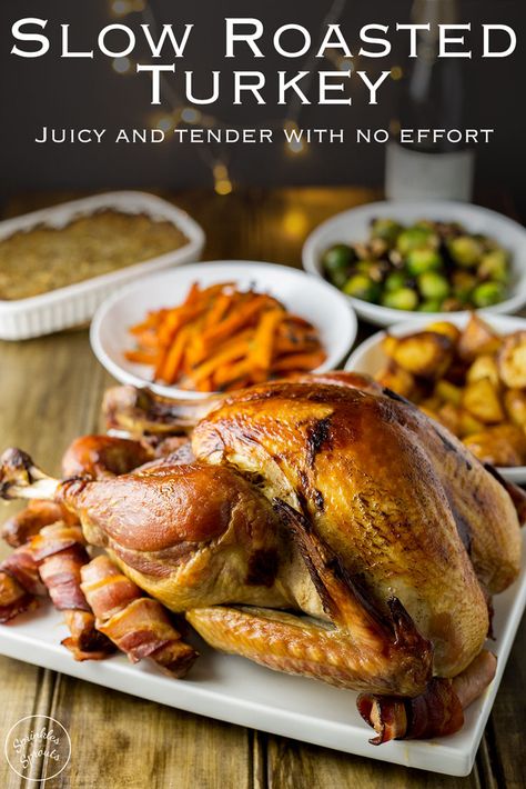 This Slow Roasted Turkey is juicy and so simple. Without any basting, brining or intricate butter rubbing bacon weaving, you get a moist delicious meat. Plus it can be cooked overnight leaving you with plenty of oven space on the big day. Perfect for Christmas and Thanksgiving. Recipe by Sprinkles and Sprouts | Delicious food for easy entertaining #christmas #turkey #christmasdinner #thanksgiving #roastturkey Martha Stewart Thanksgiving, Slow Roasted Turkey, Making Turkey Gravy, Oven Roasted Turkey, Franklin Bbq, Whole Turkey, Tattoo Quotes For Women, Turkey Recipes Thanksgiving, Recipe Ground Turkey