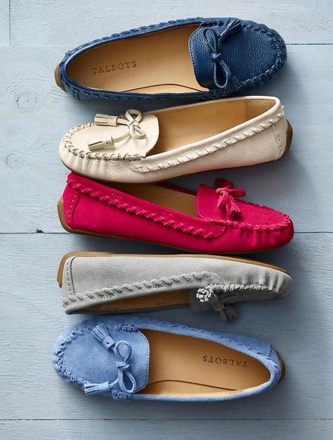 how cute! i want one in every color!! Luxury Classic Moccasins With Stitched Sole, Classic Slip-on Moccasins For Summer, Elegant Slip-on Moccasins With Stitched Sole, Elegant Tasseled Slip-on Moccasins, Luxury Semi-formal Moccasins With Textured Sole, Casual Shoes Women Flats, Indian Shoes, Moccasins Women, Driving Moccasins