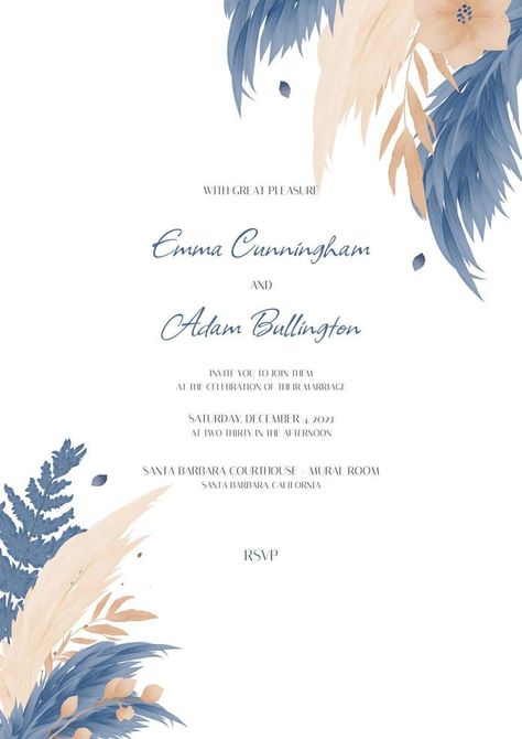 Wedding invitation with floristry and pampas grass in gold, blue, leaves. Boho style wedding design,. Floral poster, invitation Eid Images, Invitation Poster, Santa Barbara Courthouse, Grass Wedding, Boho Style Wedding, Wedding Invitations Boho, Boho Theme, Wedding Essentials, Floral Poster