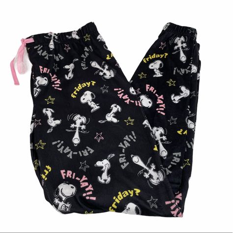 Peanuts Snoopy Friday? Fri-Yay! Pajama Bottoms Sizes Small, Medium Black, White, Pink, Yellow, Gray, Grey New With Tags, Never Worn Drawstring And Elastic Waist Elastic Ankles No Pockets Measures Approx In Inches On A Flat Lay: Small - Inseam 29.5, Rise 11, Waist 16 Medium - Inseam 29.75, Rise 11.25, Waist 16.5 Large- Inseam 30, Rise 11.5, Waist 17 Sleepwear, Tgif, Cozy, Warm, Soft, Pjs Snoopy Pjs, Disney Pj Pants, Snoopy Friday, Cute Pajama Pants, Halloween Pajama Pants, Soft Pjs, Snoopy Pajamas, Black Kawaii, Fri Yay