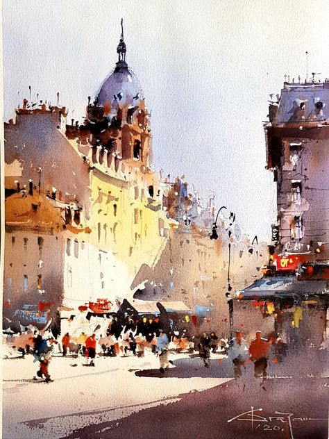 Watercolor Art Landscape, Watercolor City, Watercolor Architecture, People Walking, Watercolour Inspiration, Architecture Painting, Cityscape Art, 수채화 그림, Watercolor Landscape Paintings