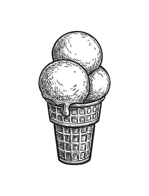 Three scoops of ice cream in a waffle cup. Ink sketch isolated on white background. Hand drawn vector illustration. Retro style. Ice Cream In A Cup Drawing, Ice Cream Scoop Drawing, Ice Sketch, Ice Cream Outline, Ice Cream Sketch, Scoops Of Ice Cream, Ice Cream Logo, Ice Cream Illustration, Logo Sketches