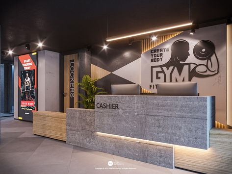 Industrial Gym Reception Design, Gym Reception Design Ideas, Beautiful Gym Interior, Gym Reception Design Interior, Reception Gym Interior Design, Gym Setup Ideas Commercial, Gym Counter Design, Gym Bar Design, Gym Reception Area