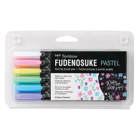 Create extra-fine  fine  or medium strokes by just a change in brush pressure. This set of two Fudenosuke Brush Pens gives artists two tips for calligraphy and drawing. Waterbased  pigmented  odorless black ink. Barrels are made of recycled polypropylene. Non-refillable. - Tombow Fudenosuke Brush Pens - Set of 6  Pastel Colors Tombow Fudenosuke, Brush Markers, Brush Pens, Drawing Supplies, Brush Calligraphy, Marker Art, Arts And Crafts Supplies, Brush Pen, Pen Sets