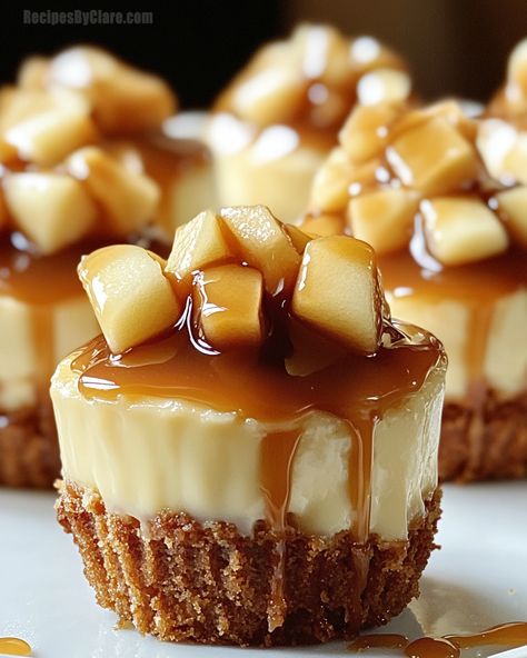 Mini Caramel Apple Cheesecakes - Perfect Fall Dessert! - Recipes By Clare Mini Apple Cheesecake, Caramel Apple Cheesecake Recipes, Cheesecake Rolls, Fall Cheesecake, Apple Cheesecake Recipes, Smooth Cheesecake, Thanksgiving Cheesecake, Apple Topping, Caramel Apple Desserts