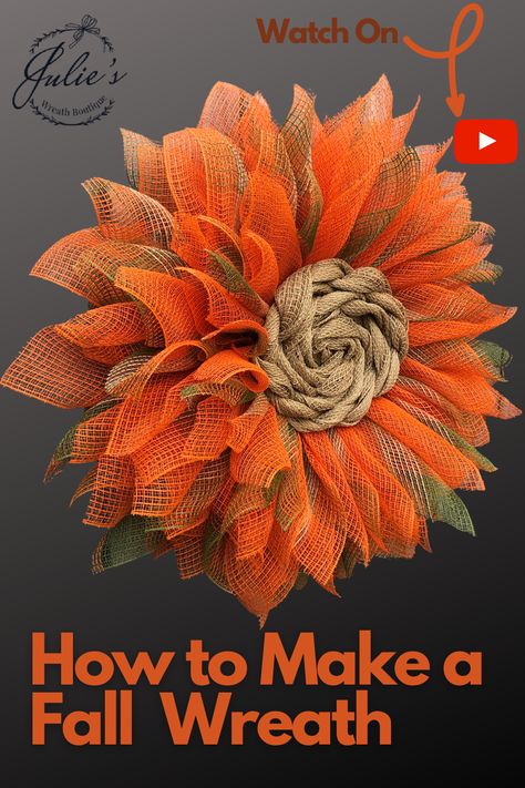 Fall is just around the corner and it's time to start thinking about a new wreath for your fall decor! This beautiful fall flower is just the pop you are looking for. Are you looking for a new center that's different from your usual option? Julie shows you in this step by step youtube tutorial how to create this amazing center for your mesh flower wreath. It creates a whole new look for whatever color options you choose.
#meshwreath #falldecor #flowerwreath #youtubetutorial #julieswreathboutique Autumn Wreaths For Front Door Diy, Thanksgiving Mesh Wreath, Fall Flower Wreath, Make A Fall Wreath, Mesh Flower Wreath, Mesh Decorations, Wreath Centers, Fall Wreath Tutorial, Fall Diys