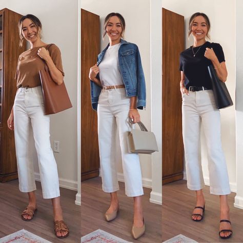 Business Casual Sandals Outfit, Jeans Bianchi Outfit, White Crop Jeans Outfit, White Jeans Outfit Summer, Summer Outf, Outfit Trabajo, Style Straight Leg Jeans, Cropped Jeans Outfit, Straight Jeans Outfit