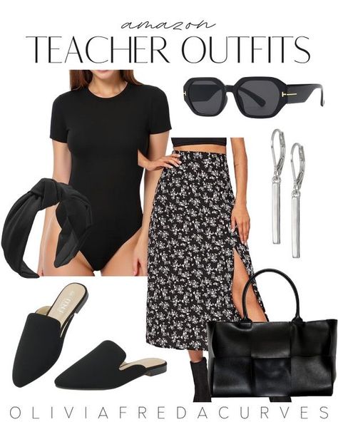 Amazon Teacher Outfits Outfit Ideas All Black, Amazon Teacher Outfits, Comfy Slides, All Black Fashion, Midsize Fashion, Teacher Outfit, Floral Maxi Skirt, Workwear Fashion, Teacher Outfits