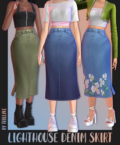 Ts4mm Clothes, Ts4mm Cc, Ts4 Clothes, Clothes Cc, Midi Denim Skirt, Sims Packs, Cc Clothes, Pelo Sims, The Sims 4 Packs