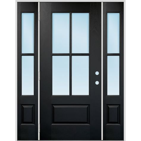 Pre-Hung Fiberglass 1-3-1 Door. Includes Frame, Hinges, Weather-Stripping, and Threshold. Pre-Hung in 4-9/16 Primed Jambs. Greatview Doors 62-in x 80-in x 4-9/16-in Fiberglass 3/4 Lite Right-Hand Outswing Black Painted Front Door with Sidelights Insulating Core Exterior Front Door With Side Lights, Therma Tru Front Door With Sidelights, Fiberglass Front Door With Sidelights, Black Double Front Door, Exterior Back Door, Black Front Door With Sidelights, Front Doors With Sidelights, Black Entry Doors, Front Door With Sidelights