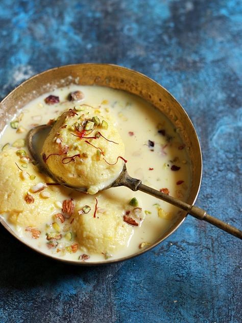 Indian rasmalai served in a brass dessert bowl with spoon https://www.cookclickndevour.com/rasmalai-recipe/ Ras Malai Recipe, Ras Malai, Indian Food Photography, Vegetarian Gluten Free, Bengali Food, Sugar Syrup, Indian Dessert Recipes, Desi Food, Food Displays