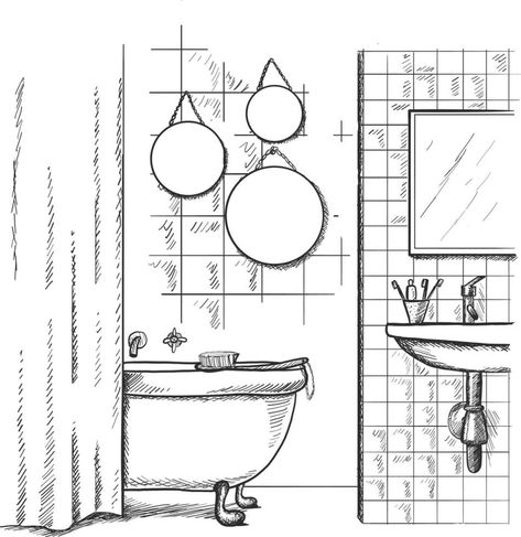 Vector hand drawing modern interior sketch. Bathroom interior. Bathroom Sketch, Bathroom Drawing, Flat Furniture, Tiled Wall, Art Vector Illustration, Furniture Sketch, Table Background, Modern Bathroom Interior, Bathroom Plan