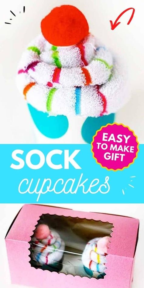 Sock Cupcakes Christmas, Sock Gifts Ideas, How To Roll Socks Into A Cupcake, Cupcake Socks How To Make, Sock Cupcakes Diy How To Make, Cupcake Gift Ideas, Fuzzy Sock Cupcakes, Sock Party, Cupcake Socks