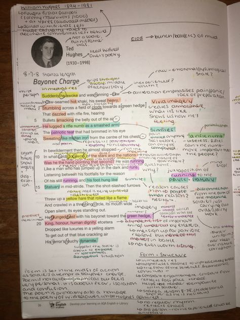 My annotations for the GCSE English Literature AQA Power and Conflict poems - Bayonet Charge Literature Study Aesthetic, Study Literature Aesthetic, Gcse English Literature Poetry, Aqa Power And Conflict Poems, Bayonet Charge Annotations, Bayonet Charge, Bayonet Charge Analysis, English Literature Aesthetic, Gcse Poetry Anthology