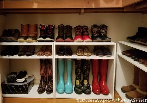 Boot Storage, Hunter Boots, Sperry Du Storage For Boots Organizing Ideas, Shoe Storage For Bottom Of Closet, Best Boot Storage, Boot Storage Closet Small Spaces, Front Closet Shoe Storage, Small Space Boot Storage, Boot And Shoe Storage Ideas, Boot Shelf Ideas, Closet Boot Storage Ideas