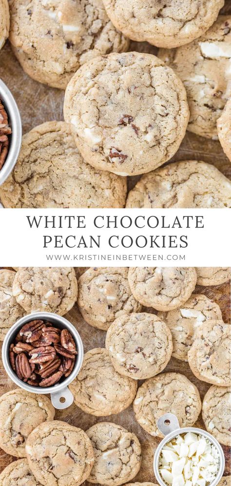 A warm and cozy brown sugar based cookie, loaded with smooth white chocolate and crunchy pecans. These soft and chewy cookies will become a Christmas favorite. Walnut White Chocolate Chip Cookies, White Chocolate Walnut Cookies, Cookies With Walnuts In Them, Pecan White Chocolate Chip Cookies, White Chocolate Pecan Cookies, Brown Sugar Pecan Cookies, Cookies With Pecans Recipes, Brown Butter Pecan Cookies, White Chocolate Chip Recipes