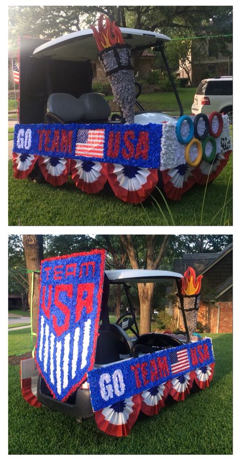 Fourth of July parade golf cart - Olympics! July 4 Parade Float Ideas, Fourth Of July Golf Cart Ideas, Olympic Parade Float Ideas, 4th Of July Parade Ideas, Fourth Of July Golf Cart Decorations, Patriotic Golf Cart Decorations, Golf Cart Decorating Ideas 4th Of July, 4th Of July Golf Cart Parade Ideas, Fourth Of July Golf Cart