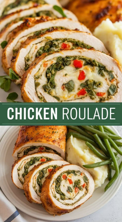 Elegant Chicken Roulade – Stuffed with herbs, cheese, and delicious fillings, this tender chicken roulade is perfect for a fancy dinner or special occasion! Chicken Roulade Recipe, Chicken Roulade, Roulade Recipe, Plant Based Cheese, Perfect Chicken, Chicken Rolls, Dairy Free Options, Creamy Mashed Potatoes, Fancy Dinner