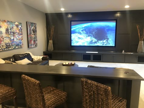 Basement Entertainment Area, Projector In Basement, Black Theater Room, Paneling Behind Tv, Basement Projector Wall Ideas, Projector Wall Ideas, Game Basement, Basement Entertaining, Basement Tv Wall