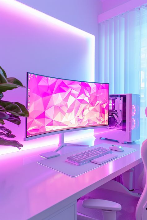 A white desk with a white computer, a silver gaming case and a large curved monitor, white LED lighting in the room. Pink And White Gaming Setup Aesthetic, White Girly Pc Setup, Pink Gaming Desk, Aesthetic Gaming Room, Couple Gaming Room Setup, Gaming Room Setup Ideas, Pink And Purple Pc Setup, Ps5 Wallpaper, Pink Gaming Computer