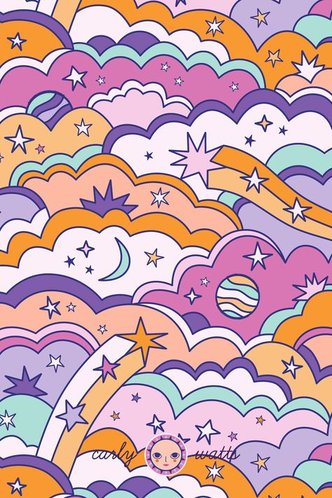 Retro Space Aesthetic, Celestial Pattern, Retro Colours, Cloud Pattern, Graphic Art Prints, Colorful Clouds, Friends Diy, Retro Color, Cute Wallpaper Backgrounds