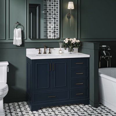 The Stafford bathroom vanity makes bathroom storage look glamorous with this statement piece. Sturdy with a hardwood frame, this vanity is sure to last and stand the test of time. Ample storage space, including a cabinet and dovetail drawers, ensures functionality, this stunning vanity is the perfect upgrade for your bathroom. Hardware Finish: Satin Brass, Base Finish: Midnight Blue | Ariel Bath Stafford 42.25" Single Bathroom Vanity w / Quartz Top Wood / Quartz Top in Blue | 36 H x 42.25 W x 22 Satin Brass Hardware, Blue Bathroom Vanity, Birch Cabinets, Wood Sink, Blue Vanity, Carrara Marble Countertop, Solid Wood Cabinets, Hardwood Plywood, Vanity Room