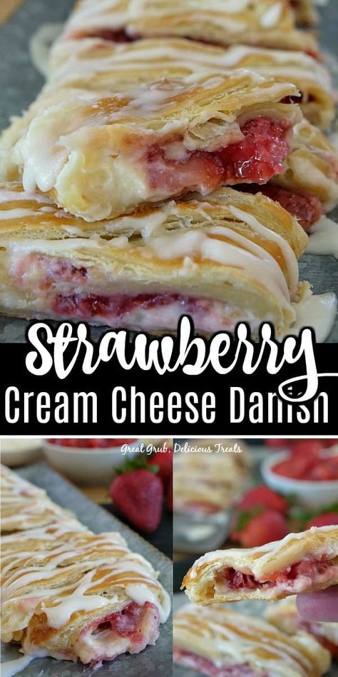 Strawberry Cream Cheese Puff Pastry, Strawberry Danish Recipe, Strawberry Cream Cheese Danish, Strawberry Danish, Cream Danish, Strawberries And Cream Cheese, Strawberry Bread Recipes, Cream Cheese Danish Recipe, Cream Cheese Puff Pastry