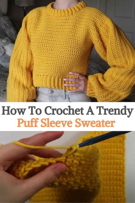 This is a crochet project for a Trendy Puff Sleeve Sweater. The original pattern comes in all sizes from XS, S, M, L, XL, 2XL, 3XL, but you can easily change the measurements according to your body shape at any time. The video tutorial for this pattern is very simple, the creator also guides us step by step throughout the project, so it is not a difficult challenge, even for crochet beginners. Remember to follow the recommendations of crochet and type of thread that the creator gives... How To Crochet A Sleeve For A Sweater, Crochet Puff Sleeves Pattern, Puffy Sleeve Crochet Sweater, How To Crochet Puff Sleeves, Chunky Sweater Crochet Pattern Free, Crochet Clothes Step By Step, Puff Sleeve Sweater Crochet, Puffy Sleeve Crochet Top, Simple Cardigan Crochet Pattern Free