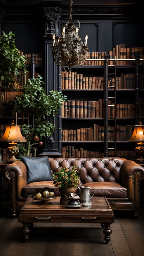 Dark Academia Built In, British Explorer Aesthetic, 20th Century Modern Interiors, Dark Teal Library, Light Moody Interior Design, Gothic Revival Living Room, Dark Reading Nook, Dark Brown Leather Couch Decor, Moody Library Aesthetic