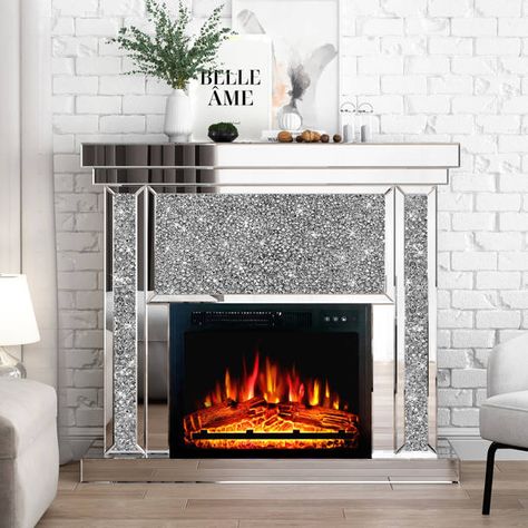 Rosdorf Park Rachell 47'' W Electric Fireplace & Reviews | Wayfair Mirror Tv Stand, Fireplace Frame, Electric Fireplace Heater, Crushed Diamonds, Electric Fireplace Tv Stand, Fireplace Heater, Pool Ball, Diamond Mirror, Design Homes