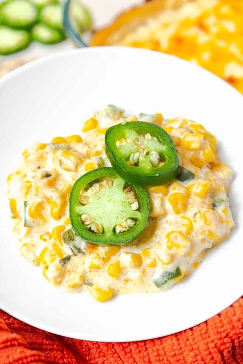 This creamy jalapeño corn casserole with cream cheese, shredded cheese, and sweet corn is an easy side dish for your holiday dinner. This jalapeño casserole is made with rich heavy cream, cream cheese, lots of creamy cheeses, canned corn, and fresh jalapeño peppers. Cream cheese corn casserole is a great side dish for your holiday table, a perfect addition for Thanksgiving or Christmas. Jalapeño Corn Casserole, Corn Casserole With Cream Cheese, Casserole With Cream Cheese, Jalapeño Corn, On The Smoker, Cream Cheese Corn, Creamed Corn Recipes, Creamy Jalapeno, Cream Corn