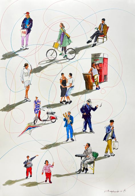 Those Who Love Life Original Markers Painting Figurative Art - Etsy Ukraine People Looking Up Drawing, Old And New Art, People And Places Art, People In City, Landscape With People Painting, Old People Art, City Life Illustration, Watercolor People, Crowd Of People Painting