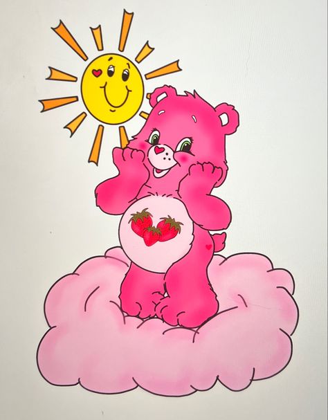 Pink Care Bear Drawing, Easy Care Bear Drawing, Pink Cartoon Paintings, Care Bears Painting Canvas, Care Bear Painting Easy, Carebear Paintings, Care Bare Painting, Care Bear Painting Canvas, Care Bear Canvas Painting