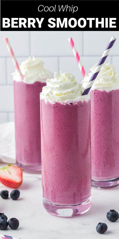 This Cool Whip Berry Smoothie is a fresh and delicious way to make a healthy breakfast or snack on the go for the whole family. Filled with nutrients and vitamins from your favorite fruits, as well as the light and creamy sweetness of your favorite whipped topping, it's sure to be a hit with everyone. Gourmet Lemonade, Recipes With Cool Whip, Snack On The Go, Frozen Fruit Smoothie, Fruit Smoothie Recipes Healthy, Mixed Berry Smoothie, Berry Smoothie Recipe, Smoothie Drink Recipes, A Healthy Breakfast