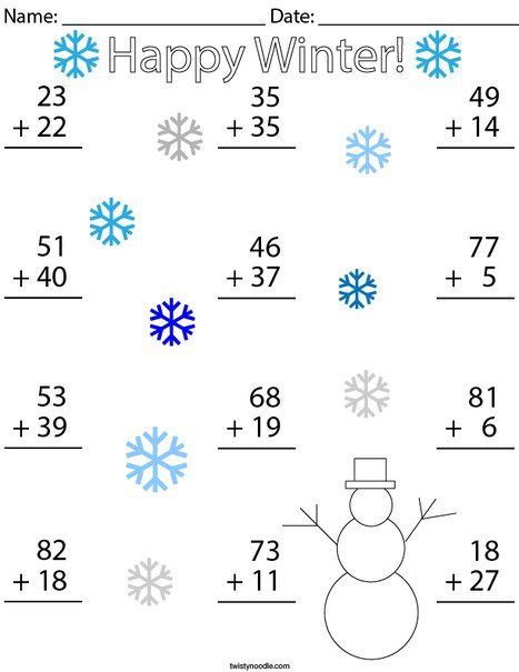 Winter Double Digit Addition Math Worksheet - Twisty Noodle Double Digit Addition Worksheets, Winter Addition Worksheets, Double Digit Subtraction, Winter Worksheet, Substitute Teacher Tips, Winter Math Worksheets, Holiday Math Worksheets, Winter Themed Activities, Free Math Printables