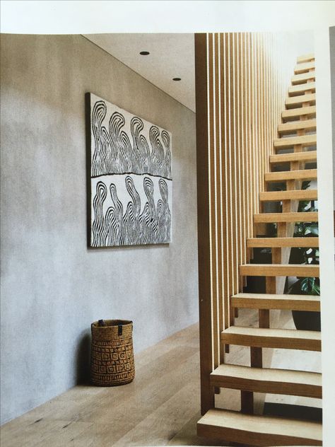 Concrete Wall Living Room, Concrete Render, Hall Stairs, Hunter Street, Timber Stair, Timber Staircase, Stairs In Living Room, Timber Slats, New Staircase