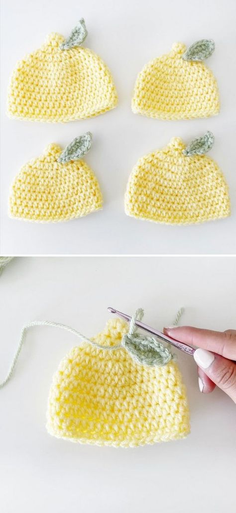 Crochet Lemon Hat Pattern, Crochet Lemon Hat Pattern Free, Cute Crochet Baby Hats Free Pattern, Chrochet Baby Hat, New Baby Crochet Gifts, Crochet First Birthday Gift, Animal Hats Crochet, Twin Crochet Ideas, Crochet Lemon Hat